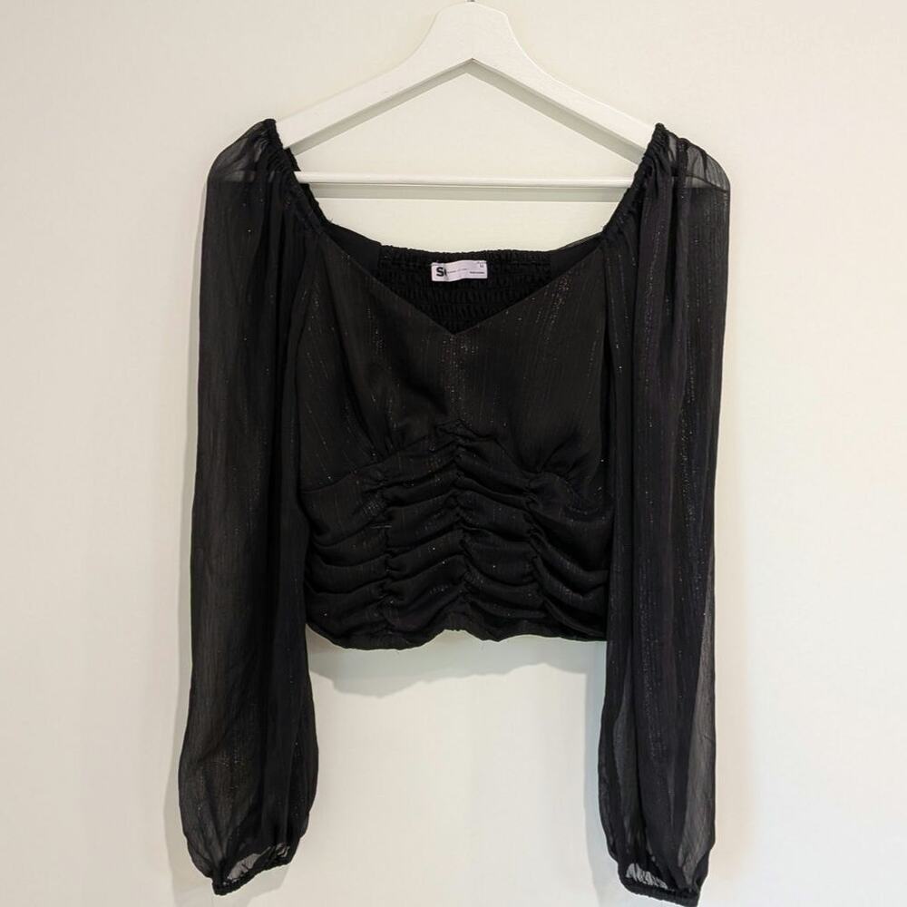 Longsleeve Sheer Smocked Crop Going Out Top Black Metallic Whimsigoth Witchy Y2K